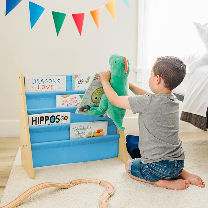 Wildkin Wooden Sling Bookshelf for Kids – Premium Canvas Design with 4 Fabric Shelves, Organizer for Home or Classroom - Natural w/Sky Blue
