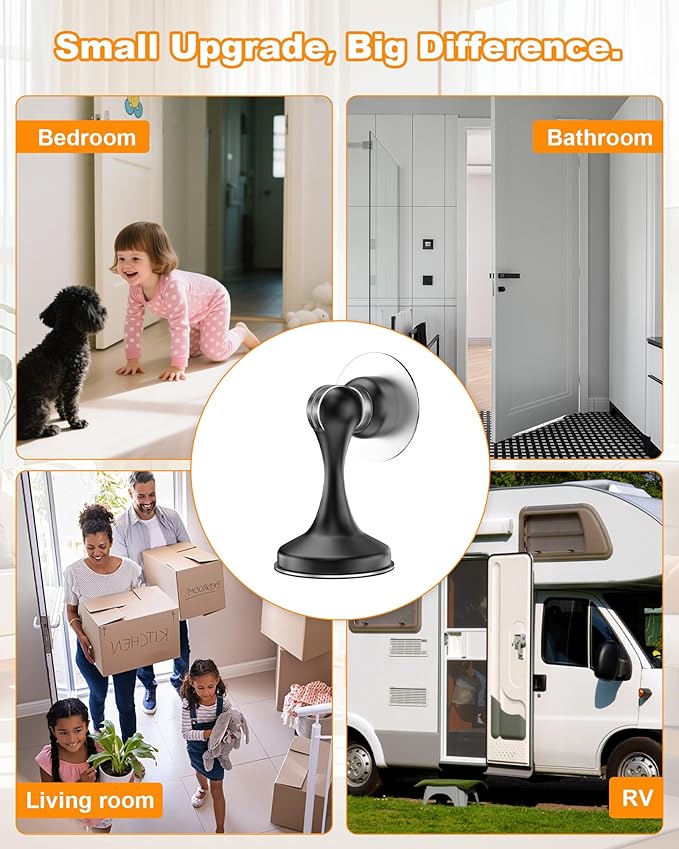 Crosize Magnetic Door Stoppers 6 Pack, Stainless Steel Door Stops for Wall and Floor Mounting, Door Holder Keep Door Open, No Drilling Door Stop with 3D Adhesive Tapes, Black