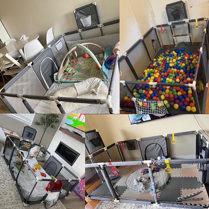 Large Baby Playpen 74''×50'', Play Pen Playards for Babies Toddlers, Ball Pit with Basketball Hoop & Soccer Nets, Kids Activity Fence Play Yard with Anti-Slip Base & Soft Breathable Mesh (Dark Grey)