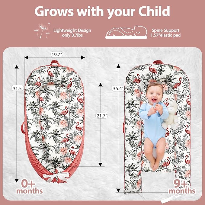 Baby Lounger-Breathable and Soft Organic 100% Cotton, Portable Infant Lounger with Removable Lounger Cover, Baby nest Lounger for Newborn - Red Flamingo