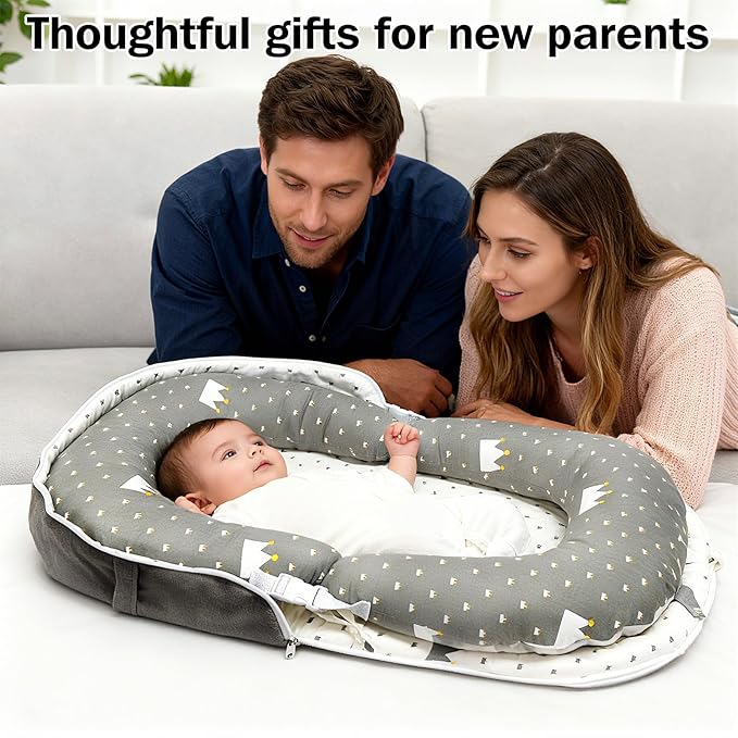 Baby Lounger, Foldable Portable Waterproof Baby Nest Cover, 0-24 Months Newborn Tummy Time Training & Seating Support Pillow, Dual-Use Breathable Infant Lounger Backpack for Home & Travel (Gray)