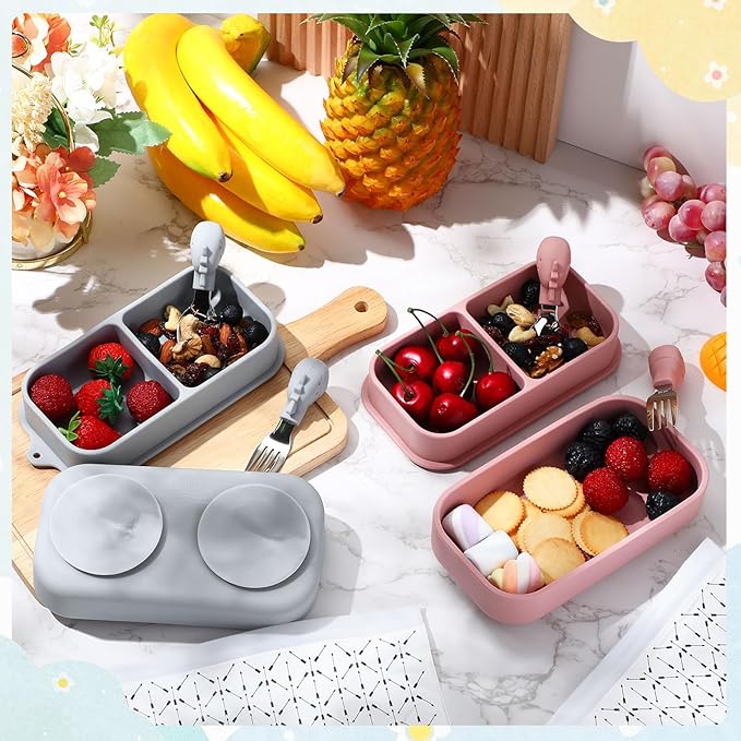 Uiifan 2 Pack Baby Suction Plate Set Silicone Suction Plate with Lid Divided Bowls for Portable Toddler Utensils Compact for Self Feeding Baby Travel Essential(Gray, Pink)