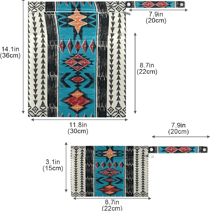 visesunny Tribal Aztec Geometric Pattern 2Pcs Wet Bag with Zippered Pockets Washable Reusable Roomy for Travel,Beach,Pool,Daycare,Stroller,Diapers,Dirty Gym Clothes, Wet Swimsuits, Toiletries