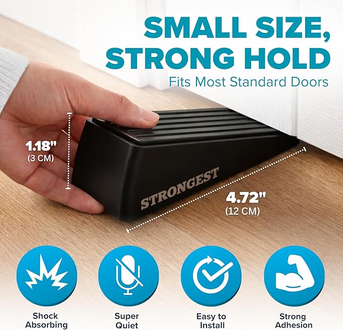 Strongest Home Heavy Duty Door Stop Wedge Made of Premium Quality Zinc and Rubber Suits Any Door, Any Floor. Set of 4 and Additional Self-Adhesive Wall Protectors