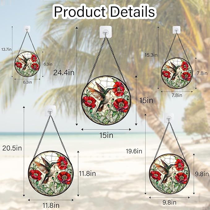 JOSUMALY Stained Glass Window Hanging - Green Hummingbird Red Flower Suncatcher for Door Terrace Garden Home Decor Bird Landscape Sun Catcher Birthday Gifts for Lovers Women Men Dad Mom Nana 9.8 in