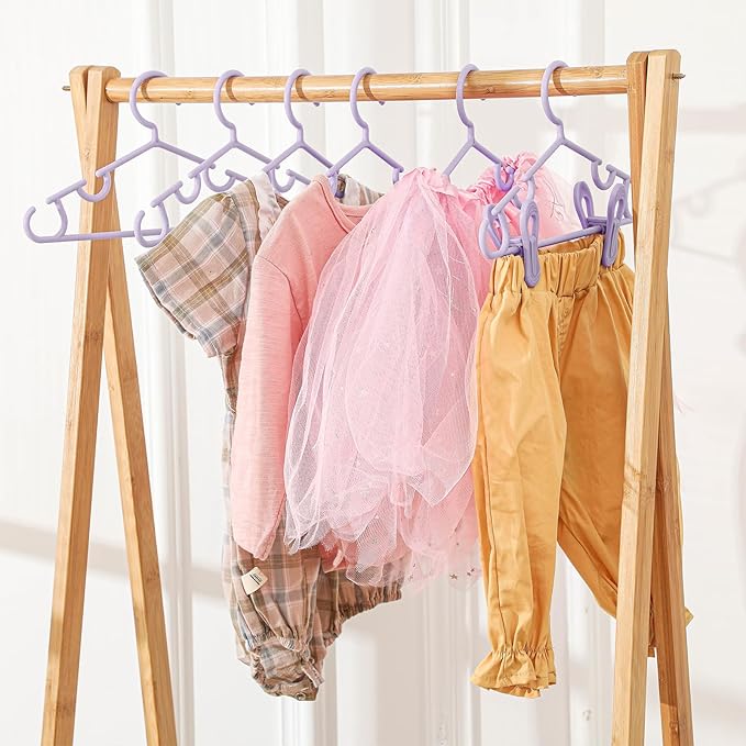Hsei 5/10/40 Pack Baby Hangers with 10/20/80 Clips, Plastic Kids Pants Hangers for Nursery Closet Top and Bottom Clothes Hanger Set for Newborn Infant Toddler(120 Packs Total,Purple,10.6 Inch)