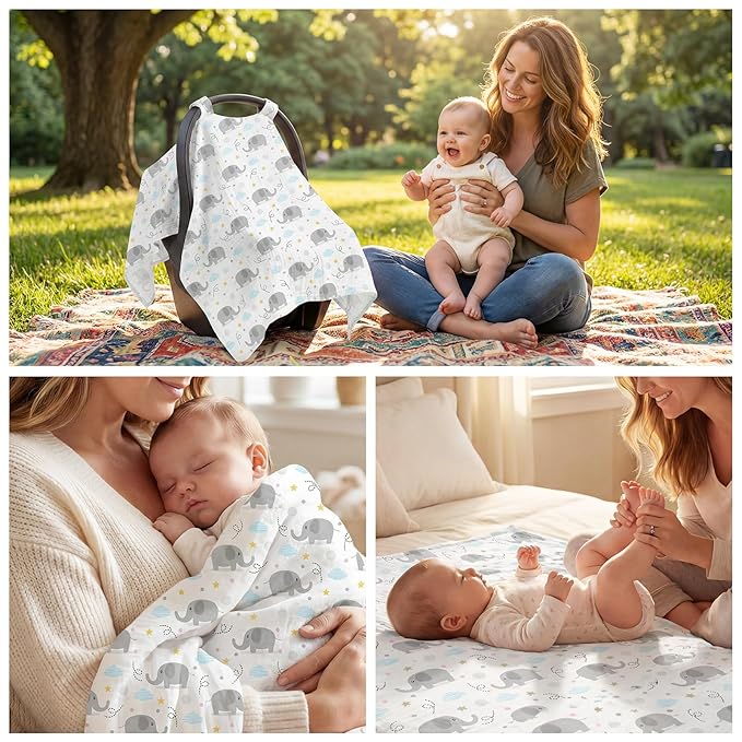 Baby Car Seat Cover - 100% Muslin Cotton Universal Breathable Canopies for Boys and Girls Soft Spring Summer Car Seat Cover Lightweight Infant Car Seat Canopy - Gray Elephants