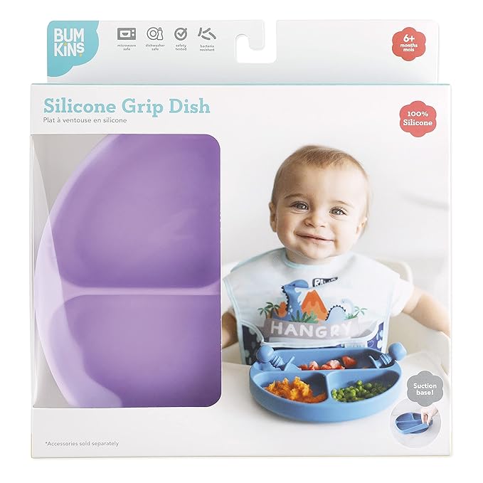 Bumkins Toddler and Baby Suction Plate, Silicone Divided Grip Dish, Babies and Kids, Baby Led Weaning, Children Feeding Supplies, Non Skid Sticky Bottom, Platinum Silicone, Ages 6 Months Up, Lavender