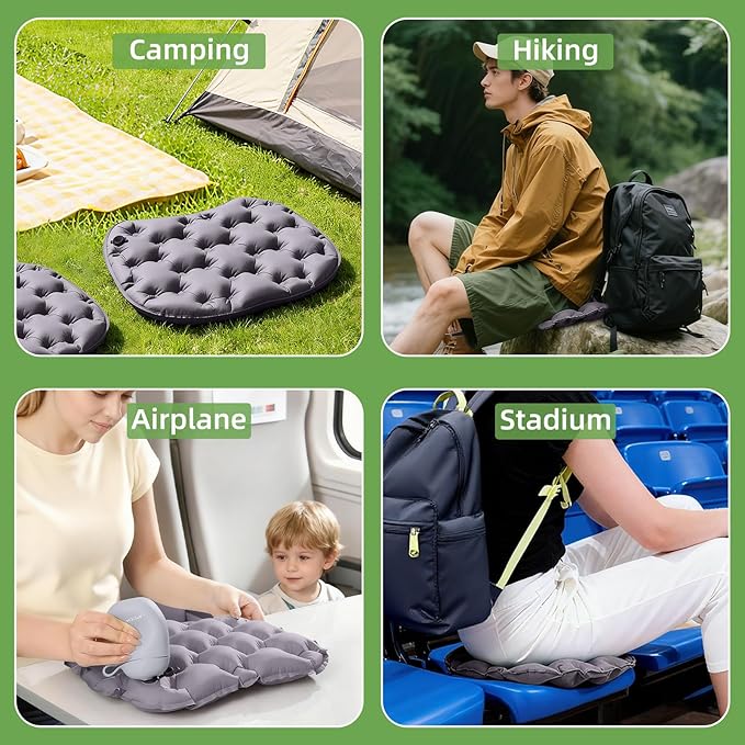 LRTOEH Inflatable Seat Cushion with Air Pump, Airplane Seat Cushion for Long Flights, Lightweight Stadium Seats Pad, Travel Portable Push-Press Air Seats Cushions for Hiking Office Car(Gray)