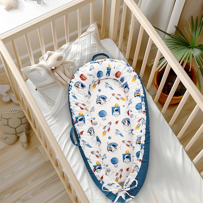 Jundetye Baby Lounger Cover for Boys Girls, Reversible Baby Nest Cover, Adjustable Baby Lounger Replaceable Cover for Infant Newborn, Portable and Machine Washable, Cotton Blue Rocket Cover Only