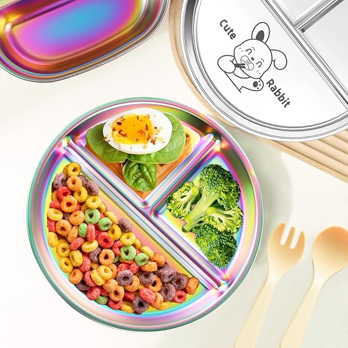 Bakpoco 9" Stainless Steel Toddler Plates Set of 6, Divided Plate for Kids & Baby, Non Toxic Unbreakable Dishes Dinnerware Adults Portion Control Snack Container, Colorful Meal Time Chums