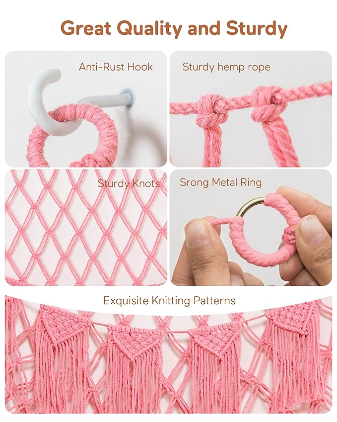 Boho Macrame Stuffed Animal Hammock with LED Lights – Large Wall Hanging Plushie Net, Corner Toy Organizer for Kids Bedroom, Nursery, Playroom & Dorm (Pink XXL)