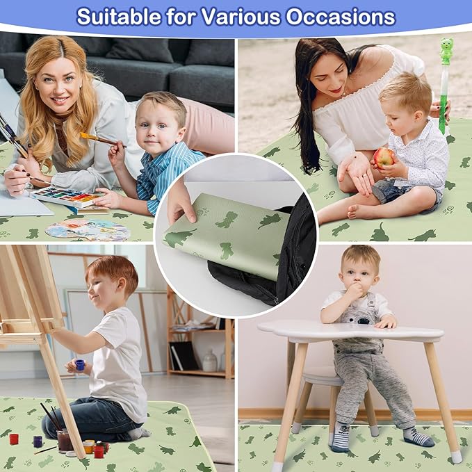 Basumee Splat Mat High Chair Mat Waterproof Baby Play Splat Mat for Under High Chair Food Catcher Highchair Mat for Floor Non Slip Bottom, Light Green Dinosaur, 51x51 Inches