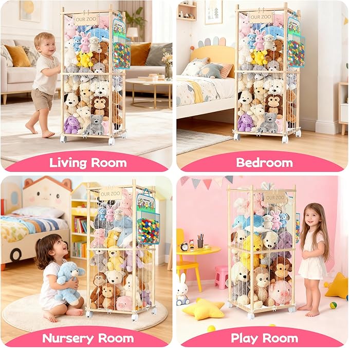 DUOQNY 34-Inch Stuffed Animal Storage Organizer with Bag & Plaque - Large Capacity Wood Toy Cage for Plush Toys, Nursery, Playroom, Kids Bedroom - Toy Storage for Small Objects, Gift for Girls Boys