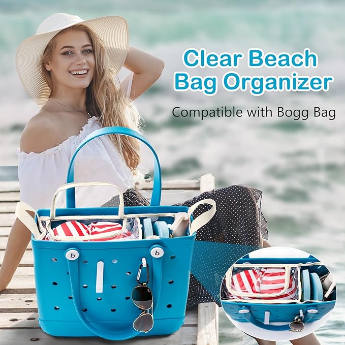 AMOIGEE Clear Beach Bag Organizer Insert with Zipper Closure Lid and 3pcs Accessories Compatible with Bogg Bag Medium- Tote Insert Bag Divider with Sunglasses Holder, Clips Hooks