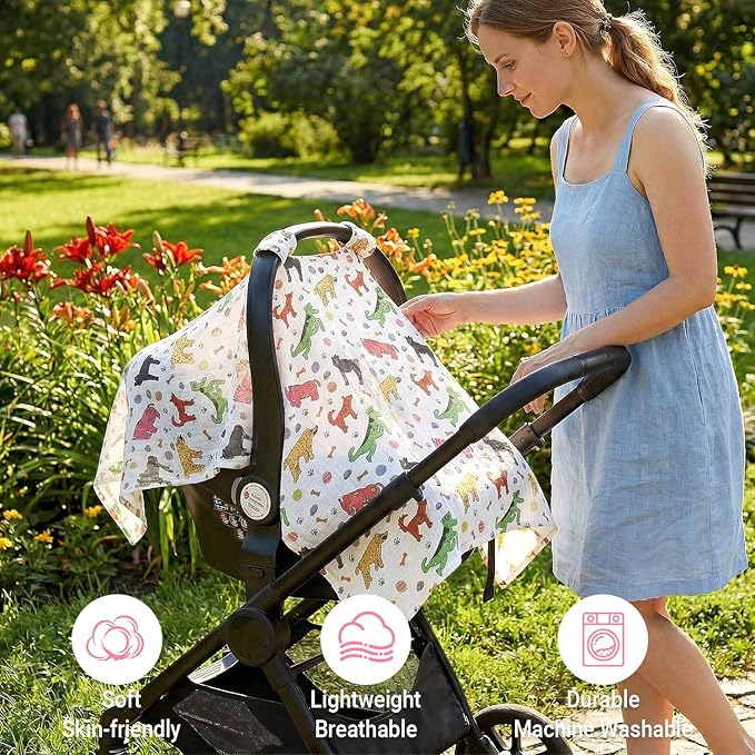 Metplus Car Seat Cover Baby, 100% Muslin Cotton Infant Carseat Covers for Boys and Girls, Lightweight Breathable Canopy, Summer Stroller Sun Shade, Newborn Travel Essentials(Dog)