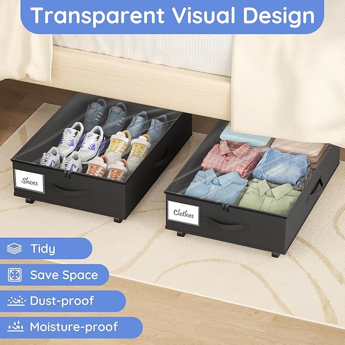 UTOLOVE Under Bed Storage with Wheels, 2-Pack Under Bed Storage Containers with Clear Lids, Under the Beds Storage Organizer Bins With Handles, Under Bed Drawer for Clothes, Shoes, Books, Toys