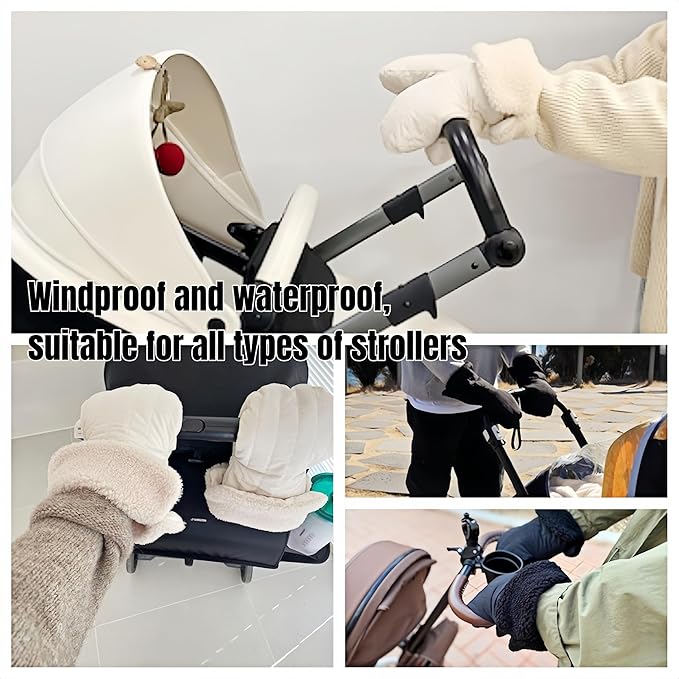Winter Baby Stroller Hand Muffs, Waterproof Windproof Warm Gloves with Lamb Wool Lining, 12x6 Inch Oversized Stroller Handle Warmers with Magic Tape (Black)