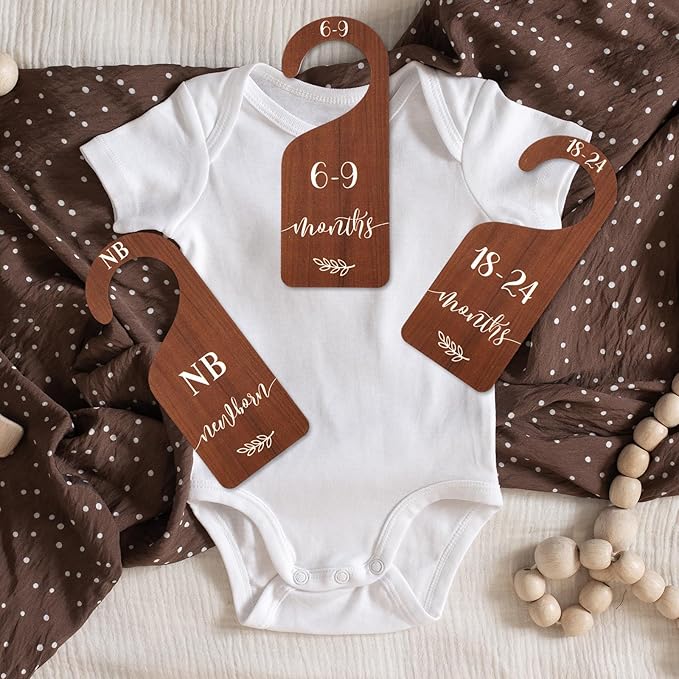 Whaline 7Pcs Wooden Baby Closet Size Dividers with Pink Velvet Bag Newborn to 24 Month Thicken Infant Wardrobe Organizers Home Nursery Hanger Decor for Baby Shower Party Gift Supplies