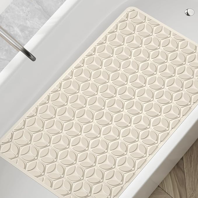 Bathtub Mat Non Slip with Suction Cups - 100% Rubber Bathroom Mat Textured for Bath Tub Shower Safety - Soft on Touch - BPA/PVC Free - Pet Dog Bath Mat - Machine Washable - 16 × 28 Inch(Beige)