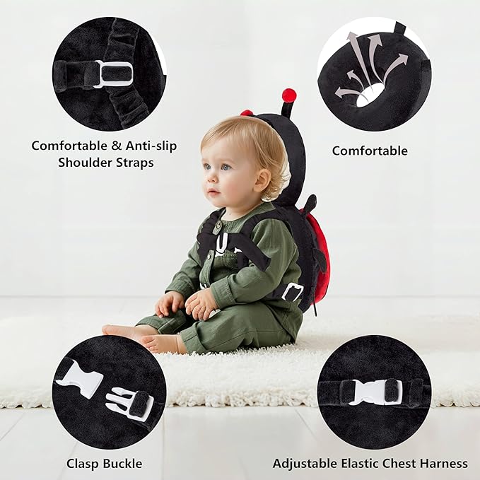 Baby Head Back Protector Backpack Toddler Safety Protector Cushion Pad Soft, Adjustable and Lightweight Design for Safe Walking and Crawling Toddlers Girls and Boys(Ladybug)
