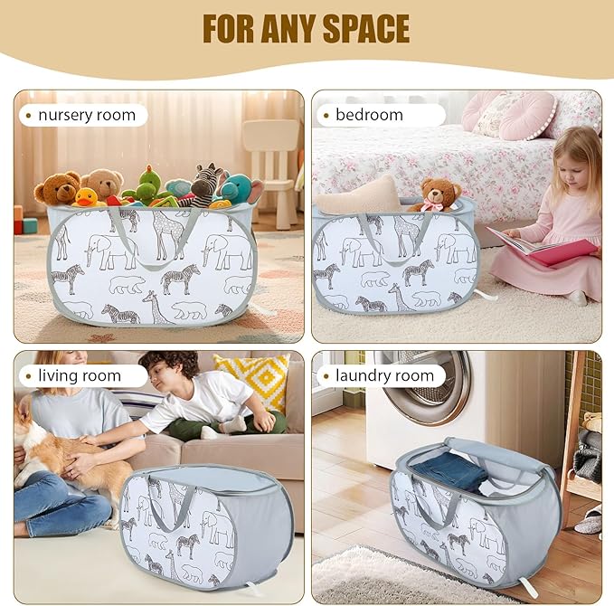 Seefoo Foldable Toy Storage Basket with Zipper Lid & Handles - Collapsible Stuffed Animal Organizer Bin, Space-Saving Lightweight Toy Chest for Baby, Kids, Nursery, Living Room - Animal Print, Gray