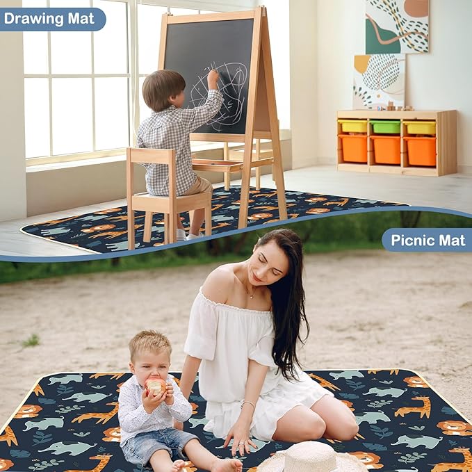 Baby Splat Mat for Under High Chair 51 x 51 Inch Large Waterproof High Chair Mat with Non Slip Bottom Food Catcher for Highchair Boy Girl Mat for Floor Machine Washable, Dark Blue Giraffe