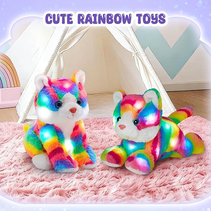 Glow Guards Light up Rainbow Cat Stuffed Animal Soft Kitty Plush Toy with LED Night Light Christmas Children's Day Birthday Gifts for Toddlers Kids Boys and Girls Children, 13''