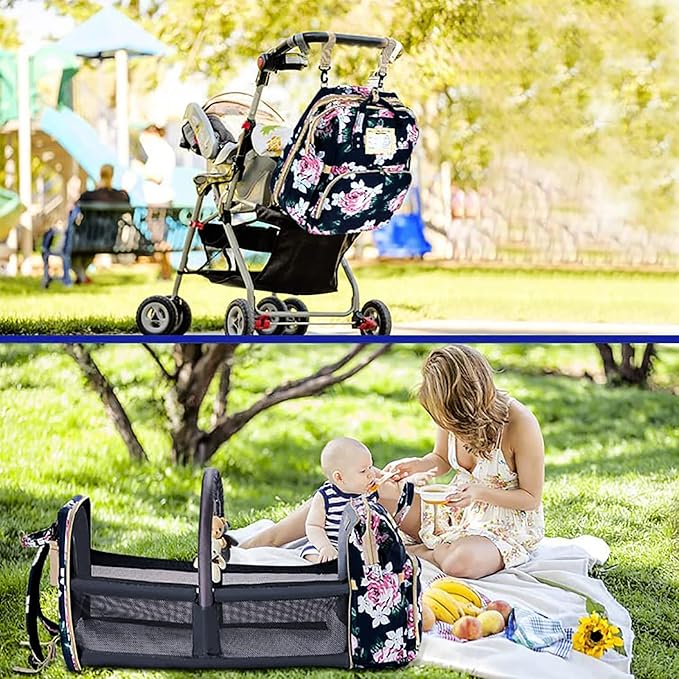 GurZinn Diaper Bag Backpack Waterproof Baby Bag Large Capacity Multifunction Nappy Bags Floral Insulated Durable Travel Maternity Back Pack with Changing Station for Baby (Black)