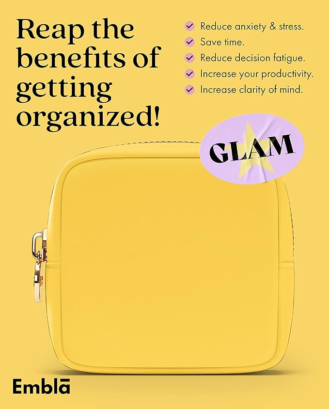 Embla Makeup Bag Travel Cosmetics Pouch and Toiletry Bag, Nylon Zipper Pouch Purse, Cute Make Up Organizer Storage Tote for Women Girls, Waterproof Travel Skincare Case, Small Makeup Bags, Lemon