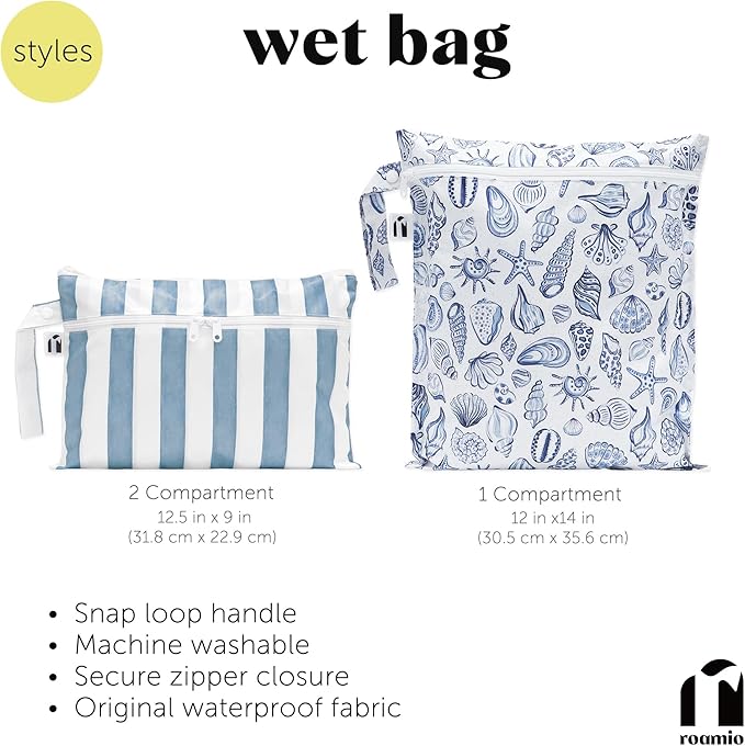Bumkins Roamio - Waterproof Wet Bag - For Baby, Travel, Swim Suit, Cloth Diapers, Pump Parts, Pool, Gym, Toiletry, Strap to Stroller - Reusable & Easy to Clean - 2pk - Black Check & Off White