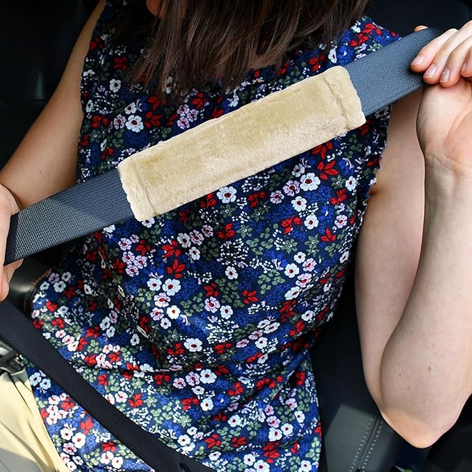 MOONET 2 Packs Car Seatbelt Covers Shoulder Pad for More Comfortable Driving, Universal Seat Belt Cover for Handbag Camera Backpack Straps, Soft Faux Sheepskin Wool Seat Belt Cushion (Beige)