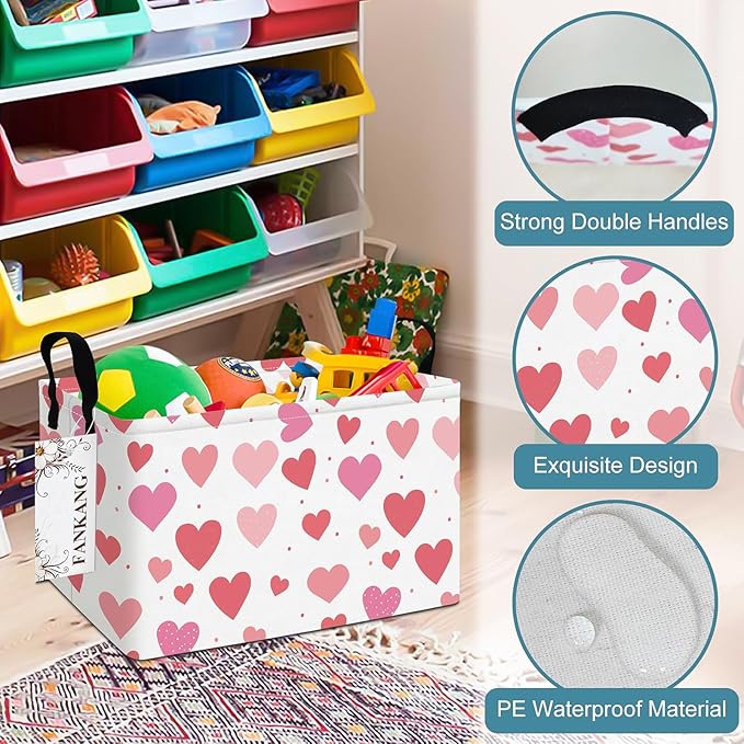 FANKANG Storage Bins,Nursery Hamper Canvas Laundry Basket Foldable with Waterproof PE Coating Storage Baskets for Boys and Girls, Office, Bedroom, Clothes,Toys(Rec-Colorful hearts )