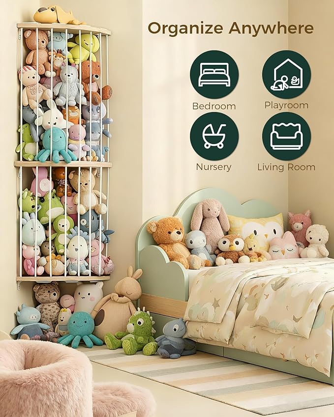 Feagar Three Tier Stuffed Animal Storage Wood Corner Plush Toys Holder, Adjustable Hanging Stuffed Animal Organizer Shelf for Nursery Playroom Bedroom