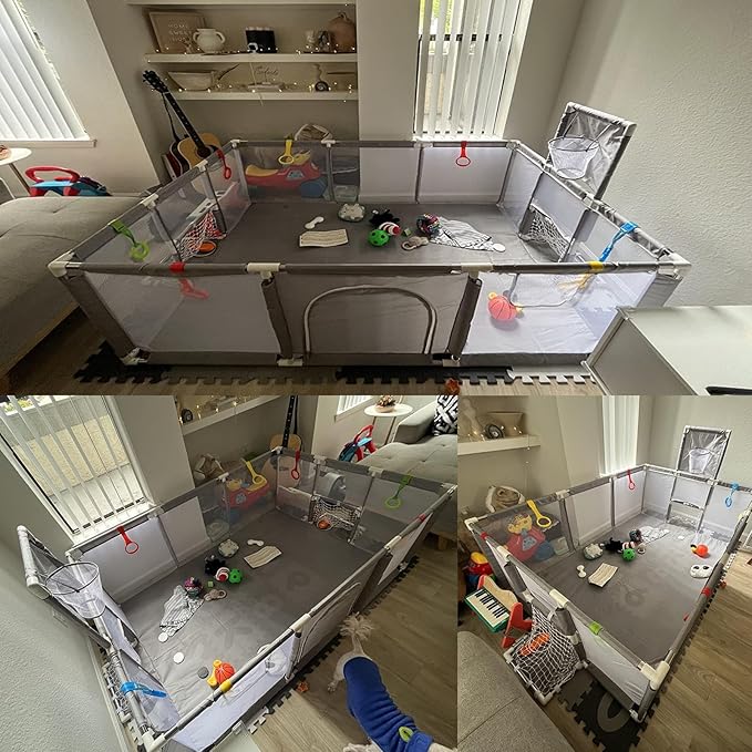 74"×50" Large Playpen for Babies and Toddlers, Kids Playyard with Basketball Hoop & Football Nets, Comes with a Storage Carry Bag, Pull Up Rings, Sturdy Safety Play Pen w/Soft Breathable Mesh (Grey)