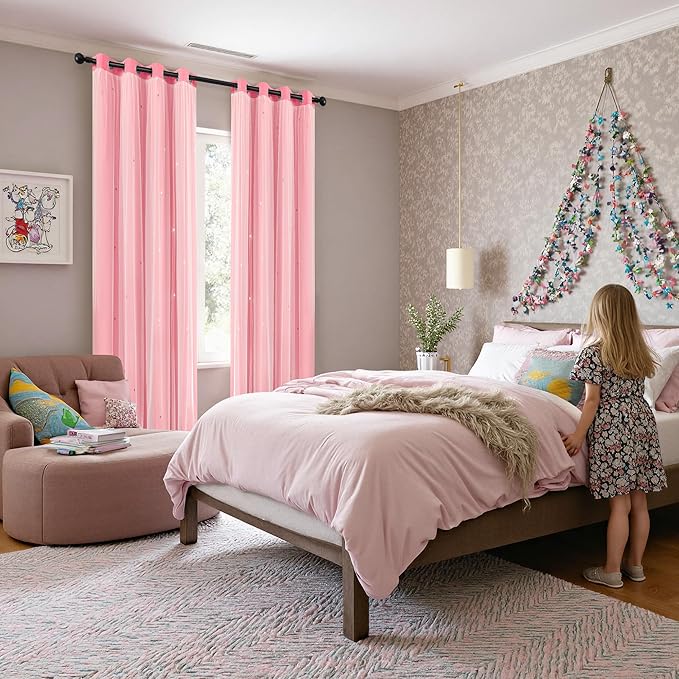 XiDi Pink Curtains for Girls Bedroom 96 Inches Long 2 Panels Kids Blackout Curtains with Sheer Overlay for Nursery Kids Room Star Double Layer Drapes with Tiebacks Grommet Window Treatment 42WX96L