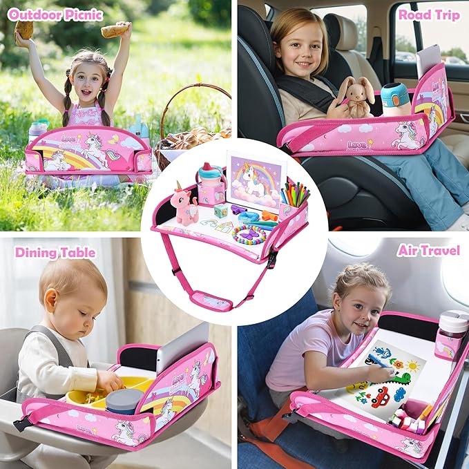 Kids Travel Tray for Toddler Carseat, Road Trip Activities Essentials, Kids Lap Desk Tray with Tablet Holder Stand and Dry Erase Board, Pink Unicorn