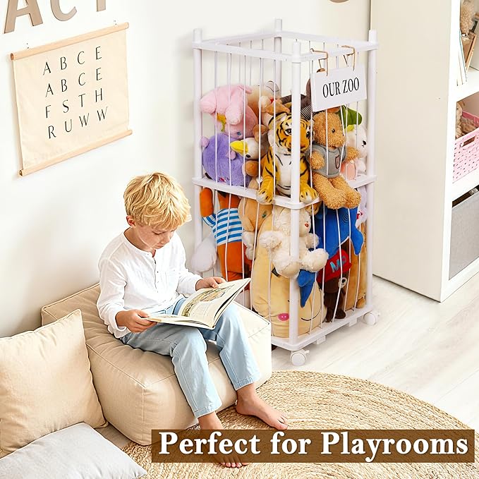 Edudif Stuffed Animal Storage Zoo, Wooden Stuffed Animal Organizer with Removable Wheels & 5-Row Elastic Cords, Space-Saving Plush Toy Storage Holder for Playroom, Bedroom, Nursery