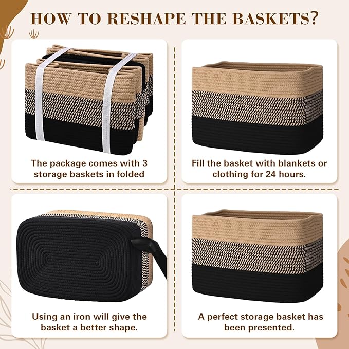 Degeyoyo Woven Storage Baskets, Baskets for Organizing, 3 Pack Woven Basket for Storage, Storage Baskets for Shelf, Towel, Toy, Book, Closet, Baby 15"×10"×9"