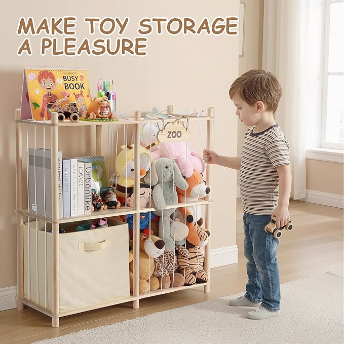 LAMU Stuffed Animal Storage and Kids Bookshelf, Wooden Toy Organizer with Large Toy Box Chest, Kids Bin Shelf Toys Box Bookcase, Stuffed Animal Zoo Holder for Bedroom Playroom Nursery