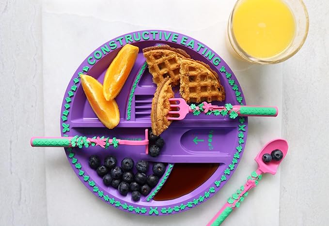 Constructive Eating Plate and Utensils Set - USA-Made Toddler Dinnerware with Divided Plates (Garden Fairy)