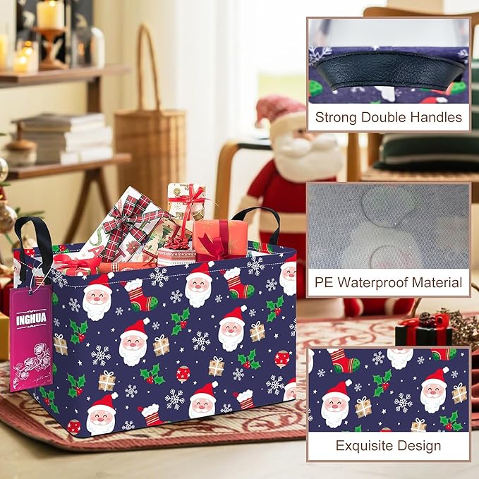 INGHUA Rectangular Christmas Storage Basket Fabric Organizer Bin for Toys,Books,Clothes,Gifts,Pets-Perfect for Home,Office,Nursery,Dorm,Shelf(Rec-Christmas gift basket)