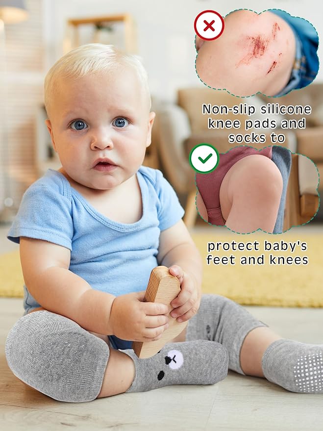 10 Pairs Baby Crawling Anti Slip Knee Pads and Anti Slip Baby Socks Set Unisex Toddler Knee Protectors Non Slip Ankle Socks