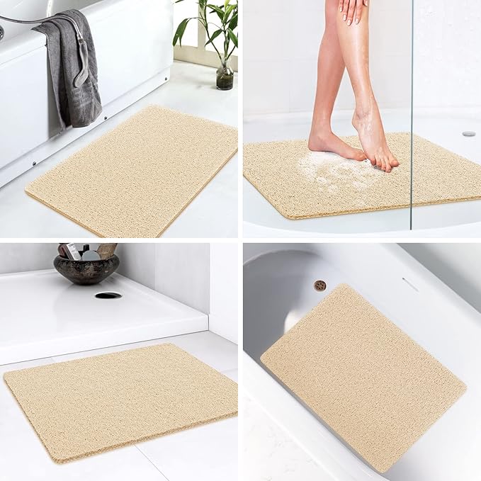 LuxStep Shower Mat Bathtub Mat,40x24 inch, Non-Slip Bath Mat with Drain, Quick Drying PVC Loofah Bathmat for Tub,Shower,Bathroom,Khaki