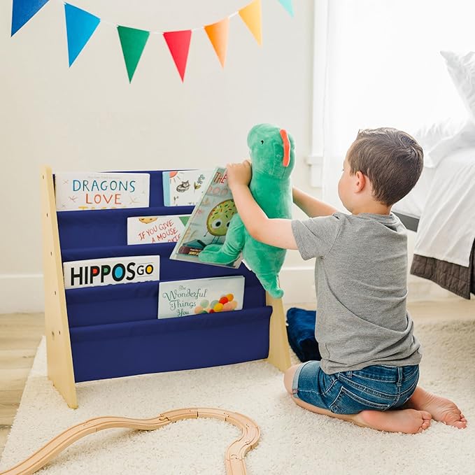 Wildkin Wooden Sling Bookshelf for Kids – Premium Canvas Design with 4 Fabric Shelves, Organizer for Home or Classroom - Natural w/Dark Blue