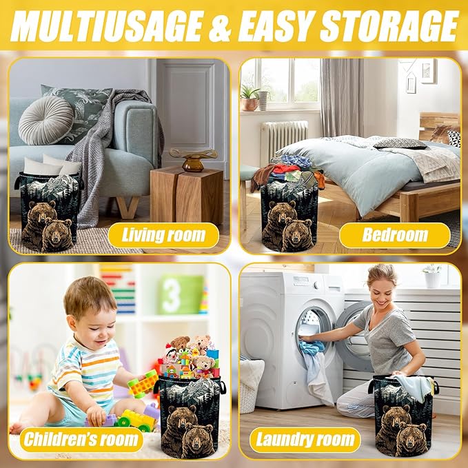 Mountains Bear Laundry Basket,Laundry Hamper With Handles Collapsible Laundry Baskets Waterproof Dirty Clothes Hamper Storage Basket Toy Bins For Room Bathroom Bedroom Decor