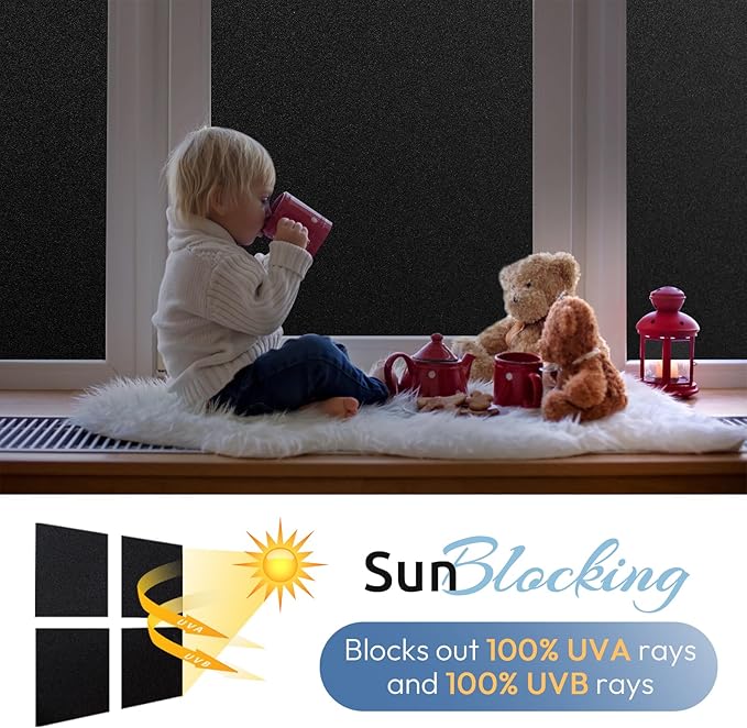 rabbitgoo Blackout Window Film, Sun Heat Blocking Privacy Cover for Glass, Removable Opaque Room Darkening Dark Black Out Window Covers Tint Shades for Home Day Sleep Light Blocker 11.8 x 78.7 Inches