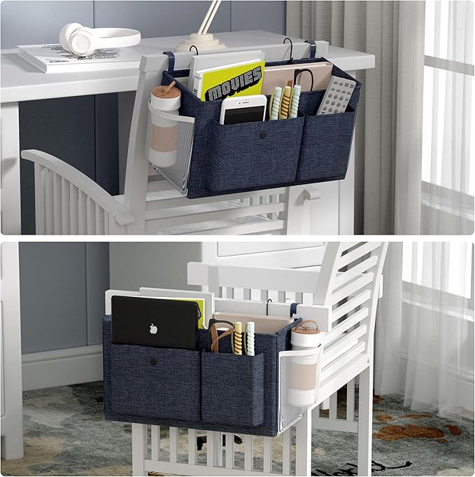 Edudif Bedside Caddy Bedside Organizer with Fixed Straps & Water Bottle Holder, Bunk Bed Caddy ideal for Home, Dorm, Hospital, Crib, Versatile Bedside Storage Solution (Navy 2pcs)