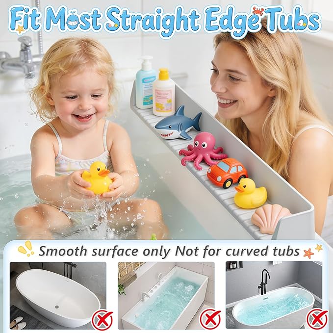 Splash Guard for Bathtub, Silicone Bathtub Splash Guard with Suction Cups, Bath Toys Holder Shelf, Bath Tub Side Tray for Bathroom Storage and Water Spill Prevention, Grey