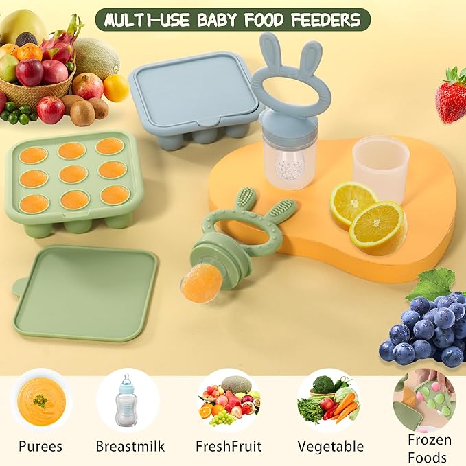 Baby Breastmilk Popsicle Molds & Babies Fruit Feeder (3 Pack), Infant Food Freezer Tray Storage Containers, Silicone Teething Pacifier Feeder and Teether for Babies,Baby Feeders - Blue